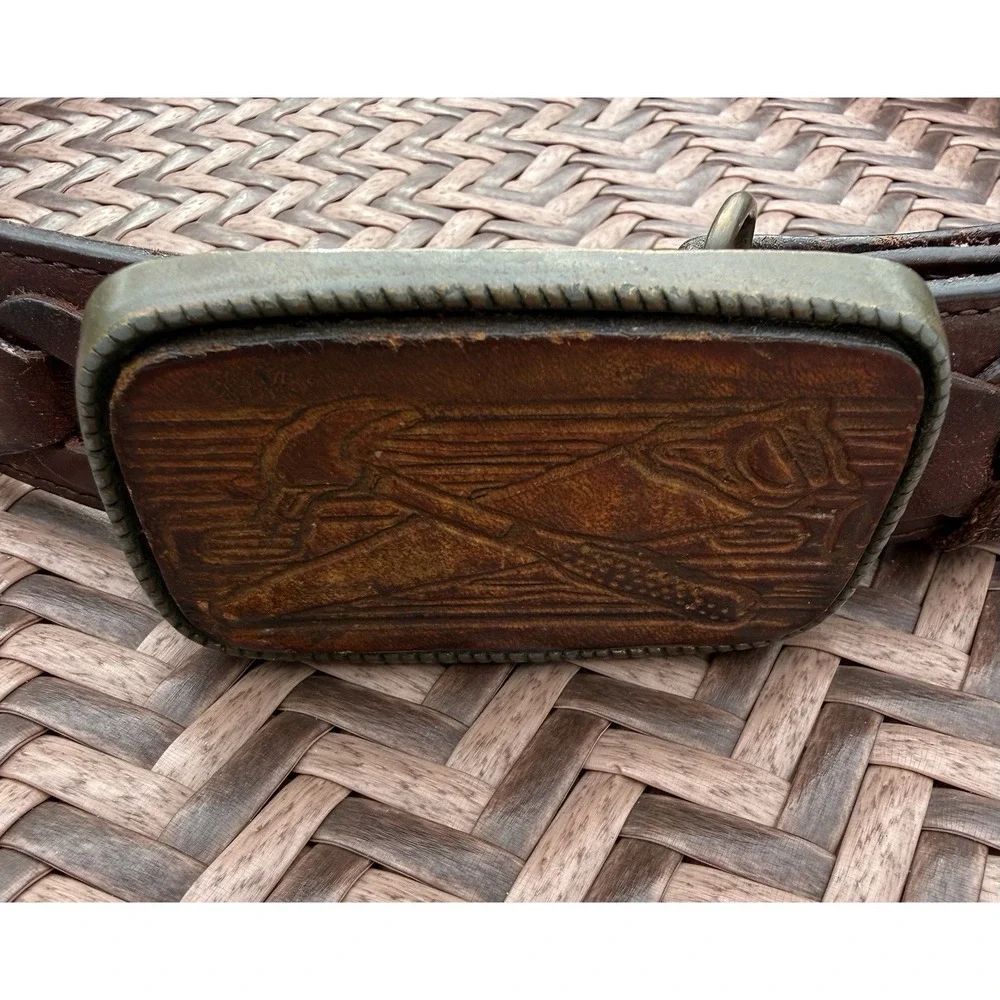 Leather Hand Tooled Woven Brown Belt Carpenter Buckle Hammer Saw Mexico Size 40